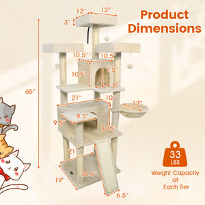 65 Inch Tall Multi-level Cat Tree with 3 Upholstered Perch and 2 Cat Condos-Beige