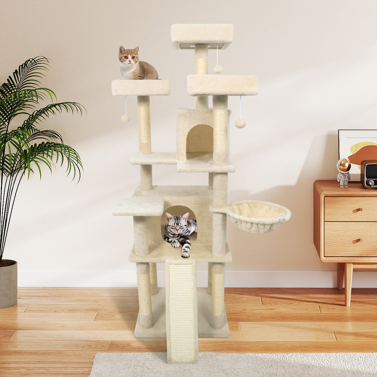 65 Inch Tall Multi-level Cat Tree with 3 Upholstered Perch and 2 Cat Condos-Beige
