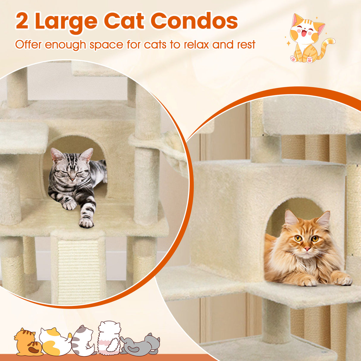 65 Inch Tall Multi-level Cat Tree with 3 Upholstered Perch and 2 Cat Condos-Beige
