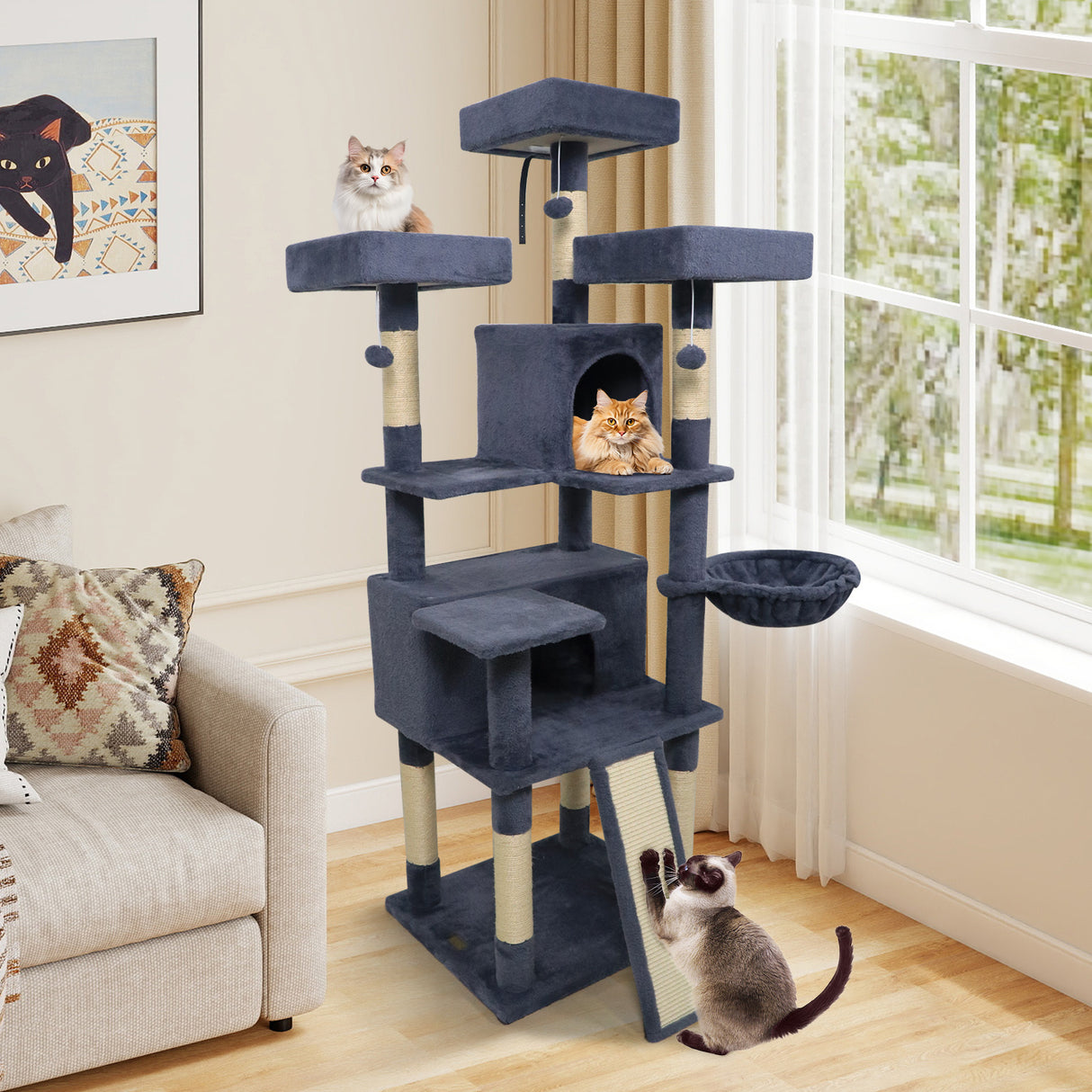 65 Inch Tall Multi-level Cat Tree with 3 Upholstered Perch and 2 Cat Condos-Dark Gray
