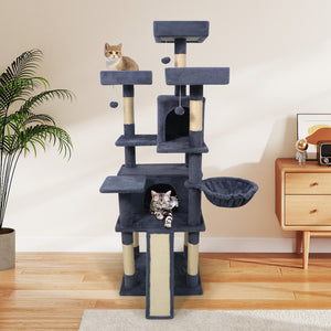 65 Inch Tall Multi-level Cat Tree with 3 Upholstered Perch and 2 Cat Condos-Dark Gray