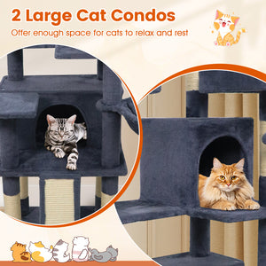 65 Inch Tall Multi-level Cat Tree with 3 Upholstered Perch and 2 Cat Condos-Dark Gray