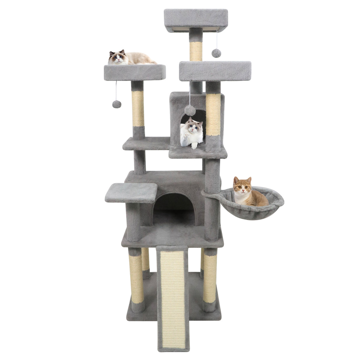 65 Inch Tall Multi-level Cat Tree with 3 Upholstered Perch and 2 Cat Condos-Light Gray