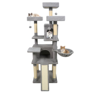 65 Inch Tall Multi-level Cat Tree with 3 Upholstered Perch and 2 Cat Condos-Light Gray