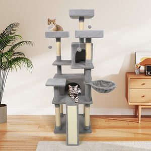 65 Inch Tall Multi-level Cat Tree with 3 Upholstered Perch and 2 Cat Condos-Light Gray
