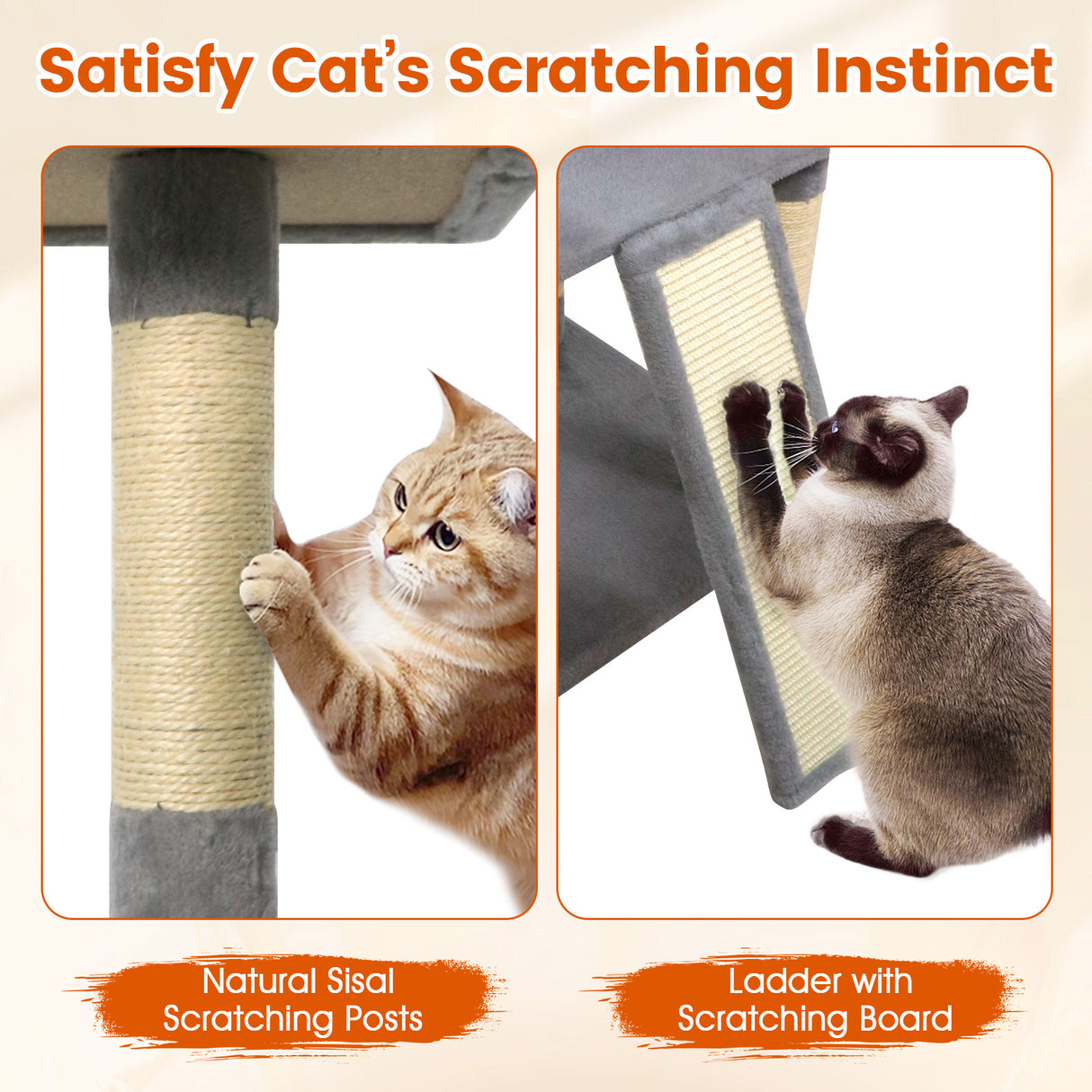 65 Inch Tall Multi-level Cat Tree with 3 Upholstered Perch and 2 Cat Condos-Light Gray