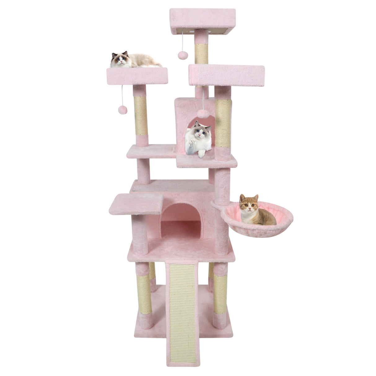 65 Inch Tall Multi-level Cat Tree with 3 Upholstered Perch and 2 Cat Condos-Pink