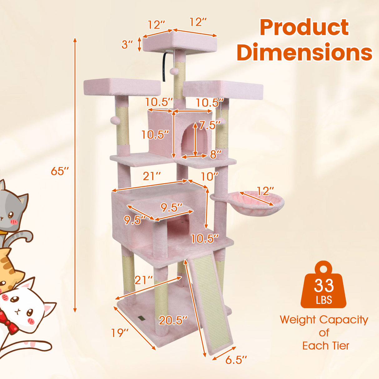 65 Inch Tall Multi-level Cat Tree with 3 Upholstered Perch and 2 Cat Condos-Pink