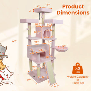 65 Inch Tall Multi-level Cat Tree with 3 Upholstered Perch and 2 Cat Condos-Pink