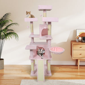 65 Inch Tall Multi-level Cat Tree with 3 Upholstered Perch and 2 Cat Condos-Pink