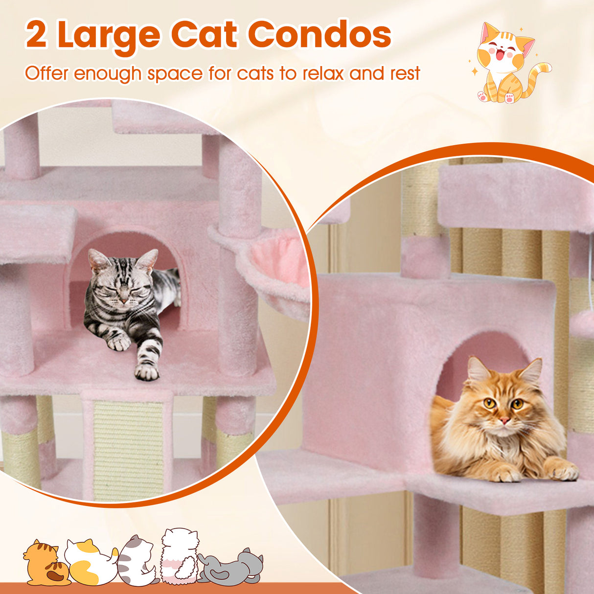 65 Inch Tall Multi-level Cat Tree with 3 Upholstered Perch and 2 Cat Condos-Pink