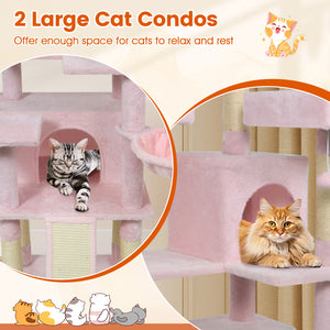 65 Inch Tall Multi-level Cat Tree with 3 Upholstered Perch and 2 Cat Condos-Pink