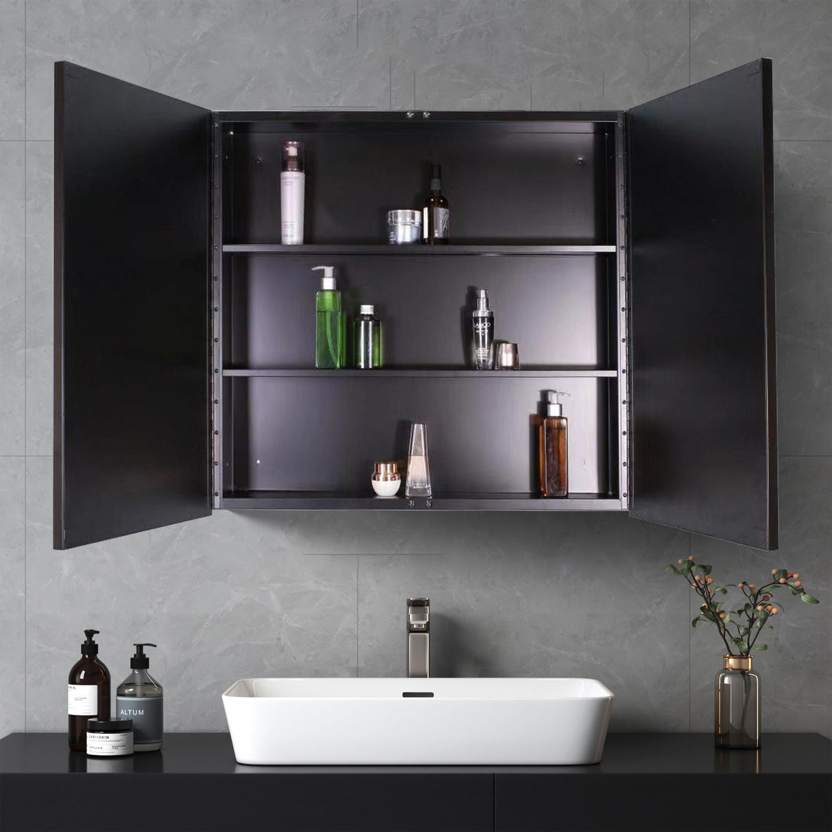 26X30" Black Metal Framed Wall Mount Or Recessed Bathroom Medicine Cabinet With Mirror - Black by Couch.com