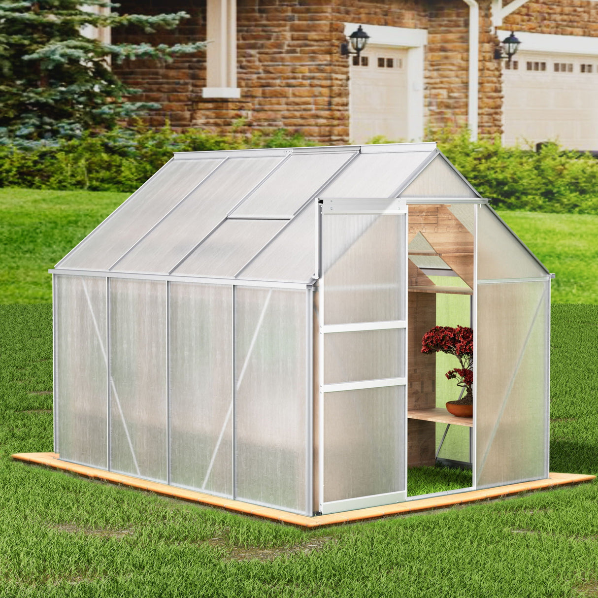 Walk-In Polycarbonate Greenhouse & Roof Vent, Sliding Doors, Aluminum Hobby Hot House For Outdoor by Couch.com