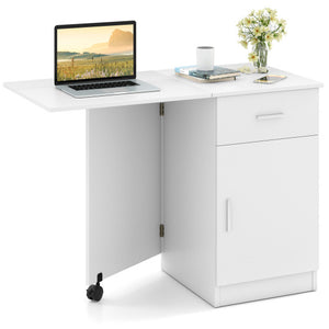 Folding Computer Desk with Drawer Mobile Home Office Desk with Cabinet-White