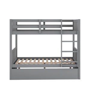 A gray wooden bunk bed with a right-side ladder, featuring a simple, modern design and slatted bases. It has no mattresses included and is shown against a white background. Product: Bunk Bed With Twin Size Trundle.