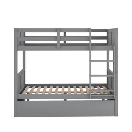A gray wooden bunk bed with a right-side ladder, featuring a simple, modern design and slatted bases. It has no mattresses included and is shown against a white background. Product: Bunk Bed With Twin Size Trundle.