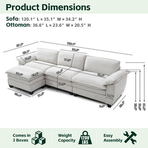 Living Room Sofa Luxury Couch with Ottoman in Soft Chenille Beige