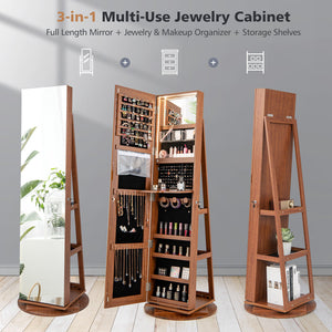 360 ° Rotating Mirrored Jewelry Cabinet Armoire 3 Color LED Modes Lockable-White