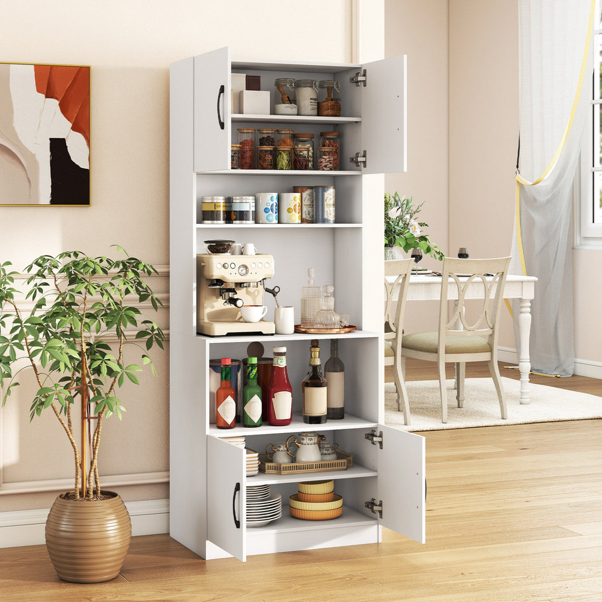 66 Inch Kitchen Pantry Cabinet with Charging Station and Adjustable Shelves for Dining Room-White