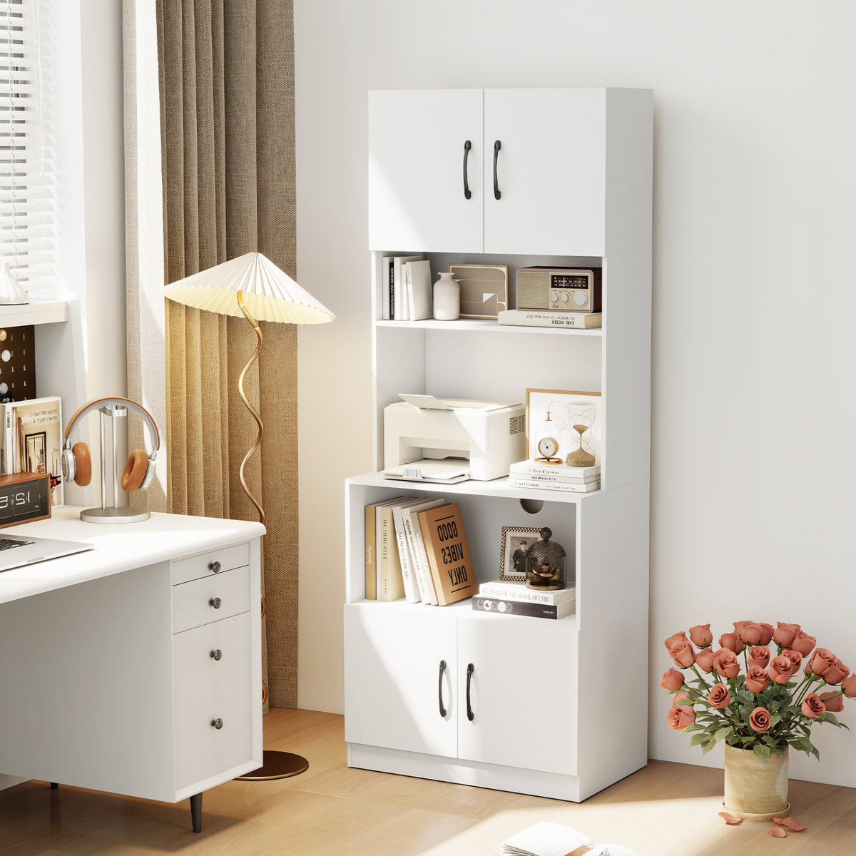66 Inch Kitchen Pantry Cabinet with Charging Station and Adjustable Shelves for Dining Room-White