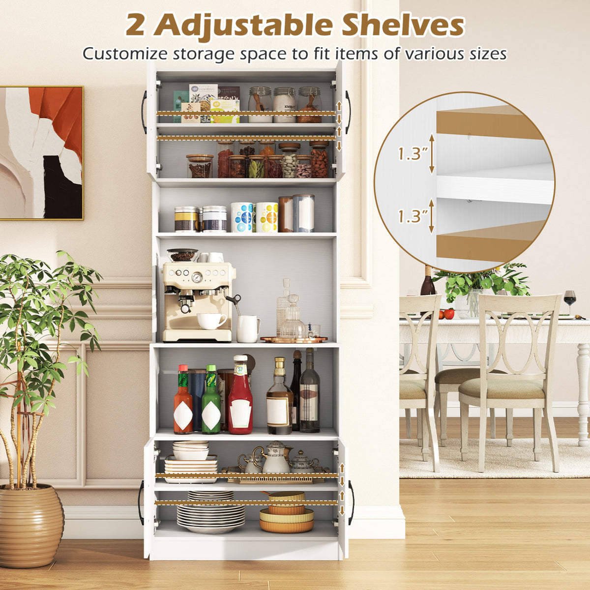 66 Inch Kitchen Pantry Cabinet with Charging Station and Adjustable Shelves for Dining Room-White
