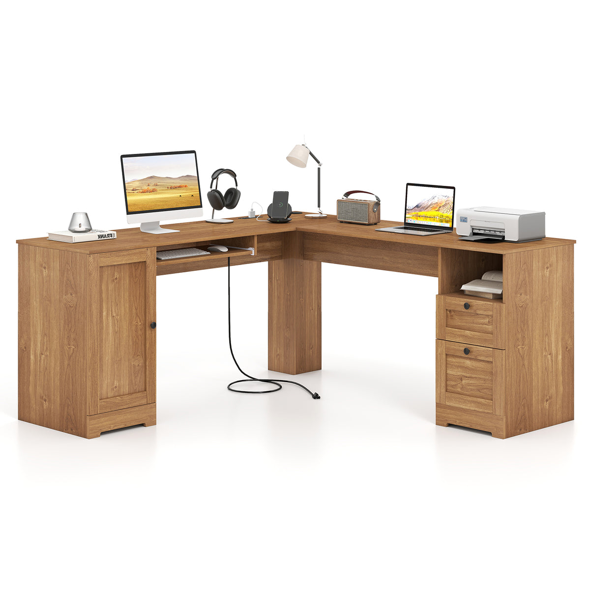 66 Inch L-Shaped Computer Desk-Oak