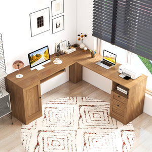66 Inch L-Shaped Computer Desk-Oak