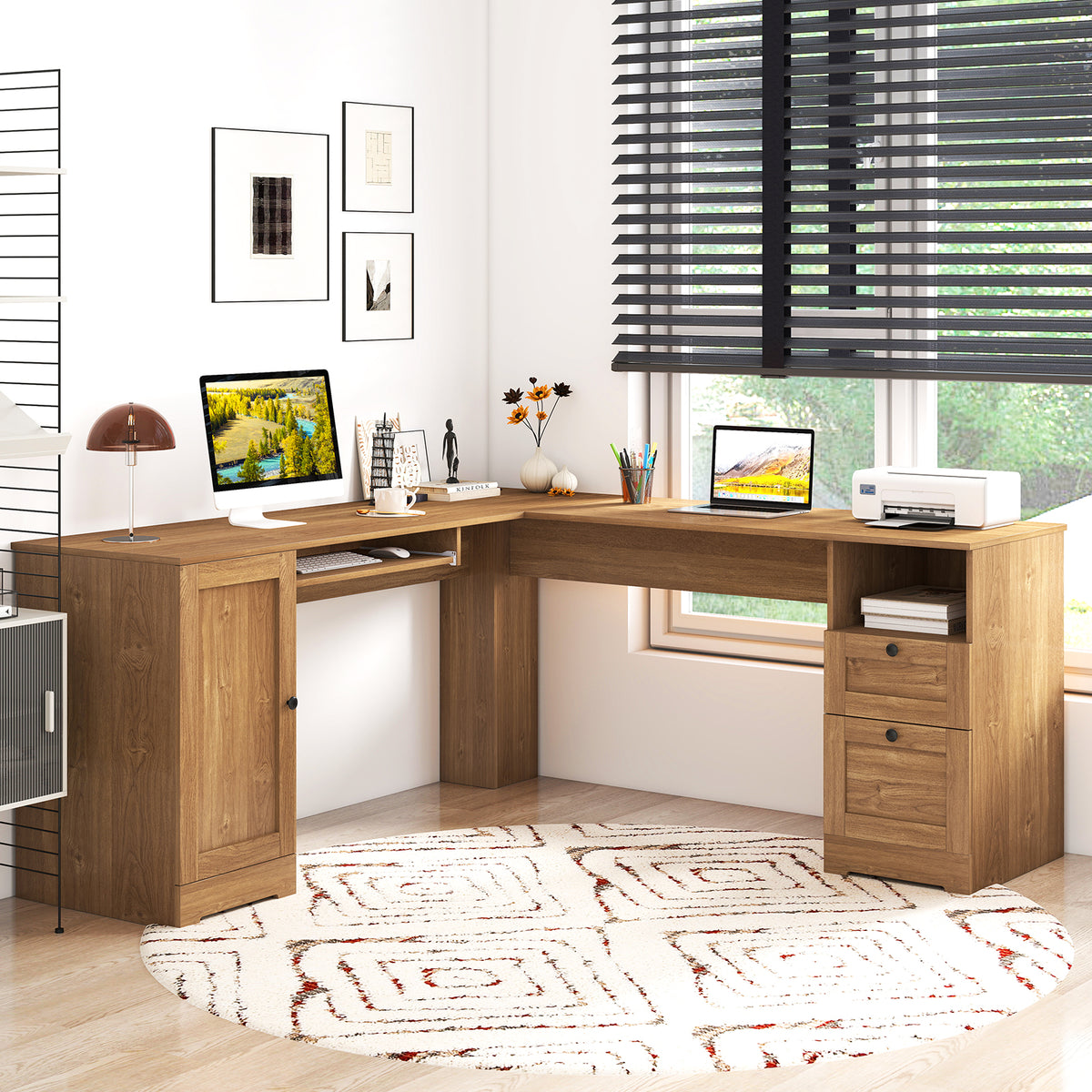 66 Inch L-Shaped Computer Desk-Oak