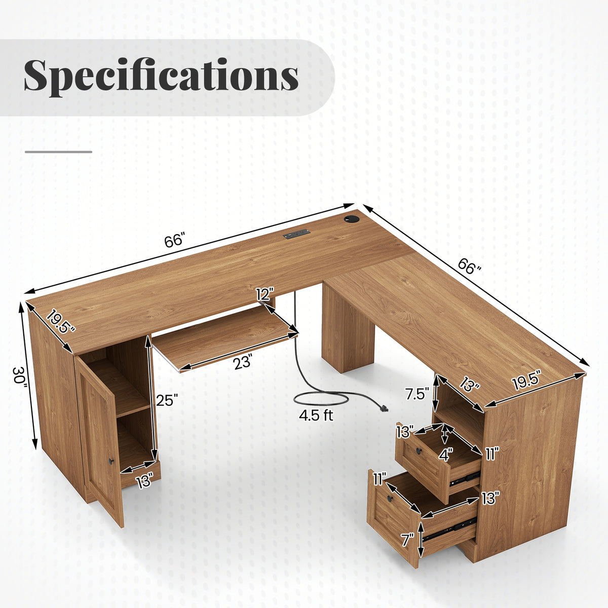 66 Inch L-Shaped Computer Desk-Oak