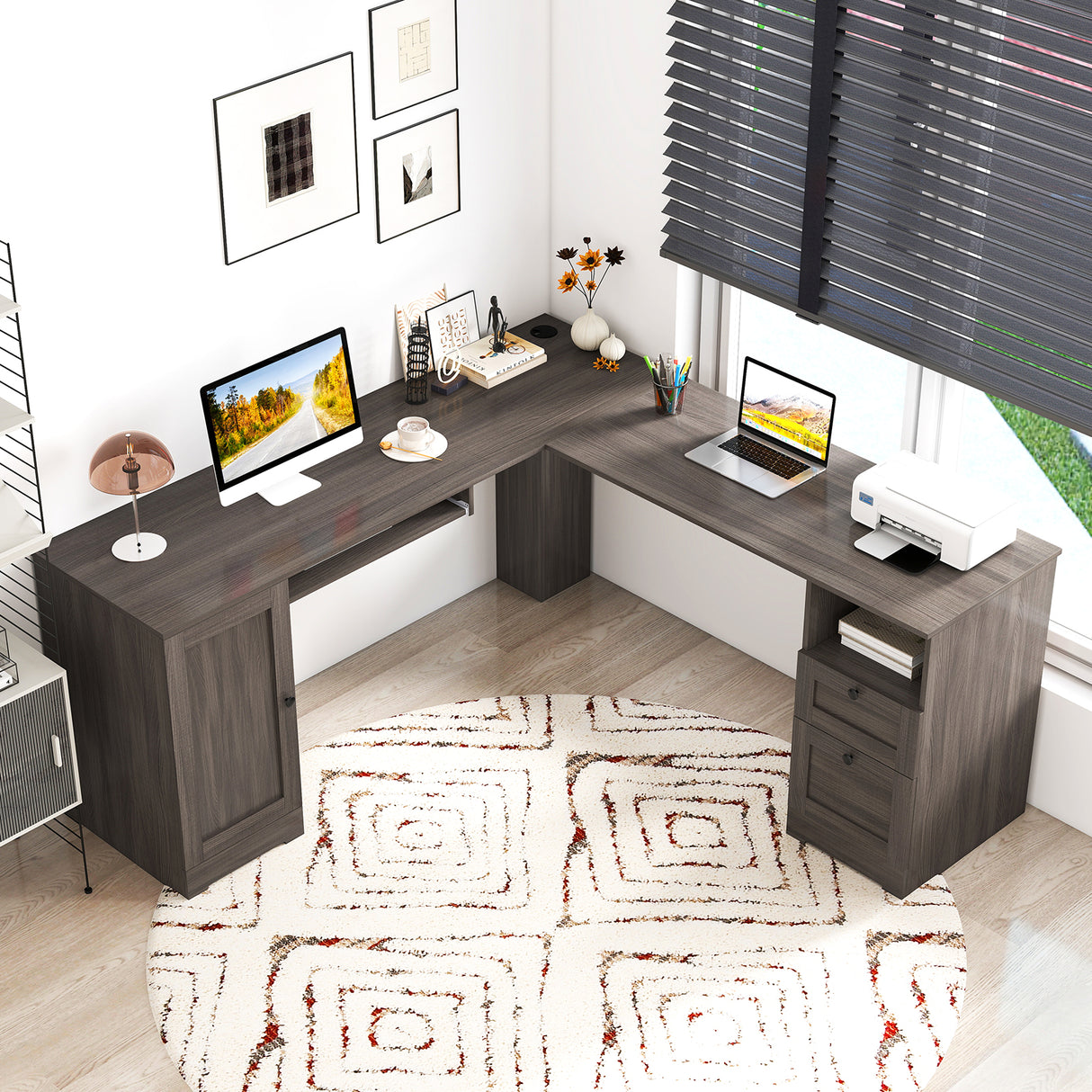 66 Inch L-shaped Computer Desk with Power Outlets-Dark Gray