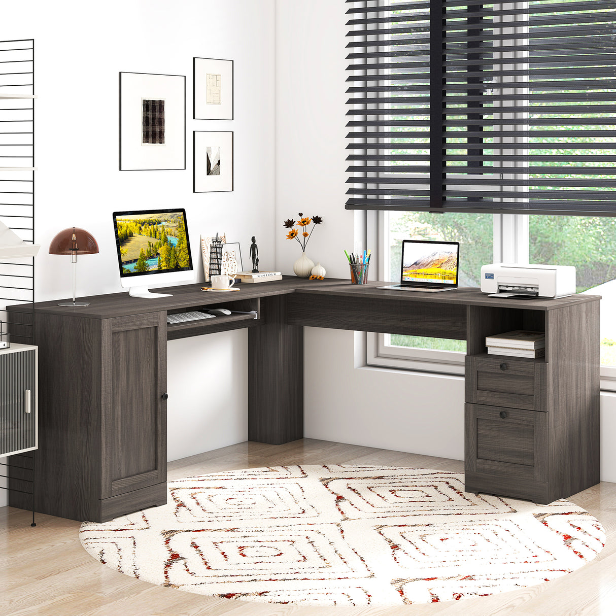 66 Inch L-shaped Computer Desk with Power Outlets-Dark Gray