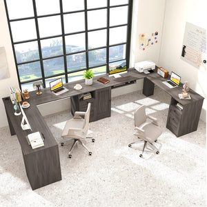 66 Inch L-shaped Computer Desk with Power Outlets-Dark Gray