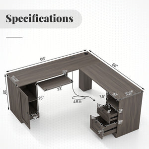 66 Inch L-shaped Computer Desk with Power Outlets-Dark Gray