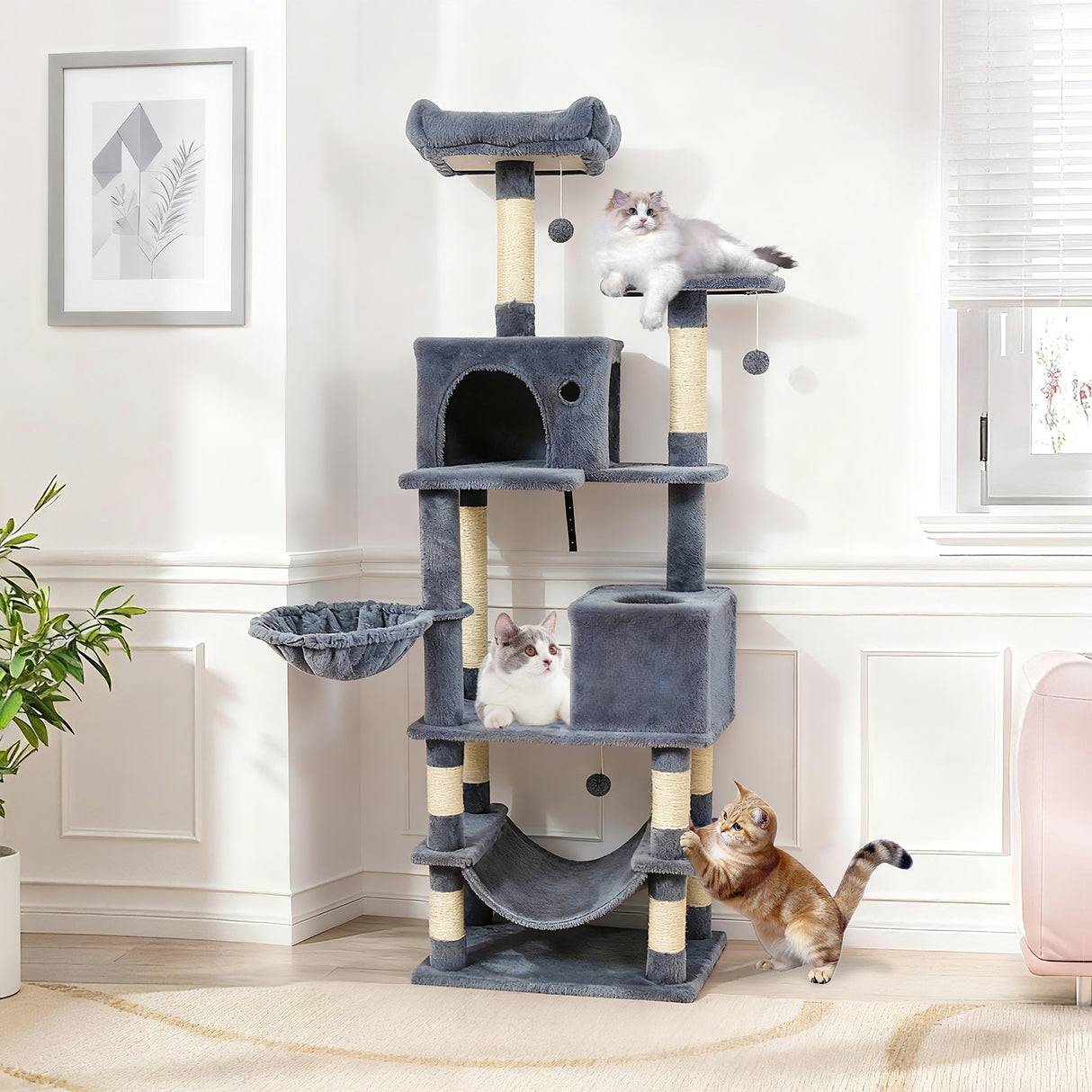 66 Inch Tall Cat Tree Multi-Level Cat Tower with 2 Condos Sisal Scratching Posts-Dark Gray