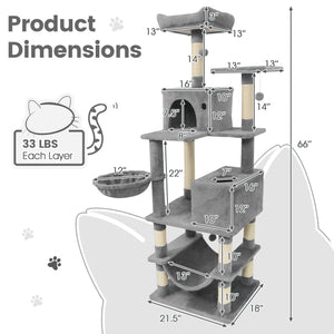 66 Inch Tall Cat Tree Multi-Level Cat Tower with 2 Condos Sisal Scratching Posts-Light Gray