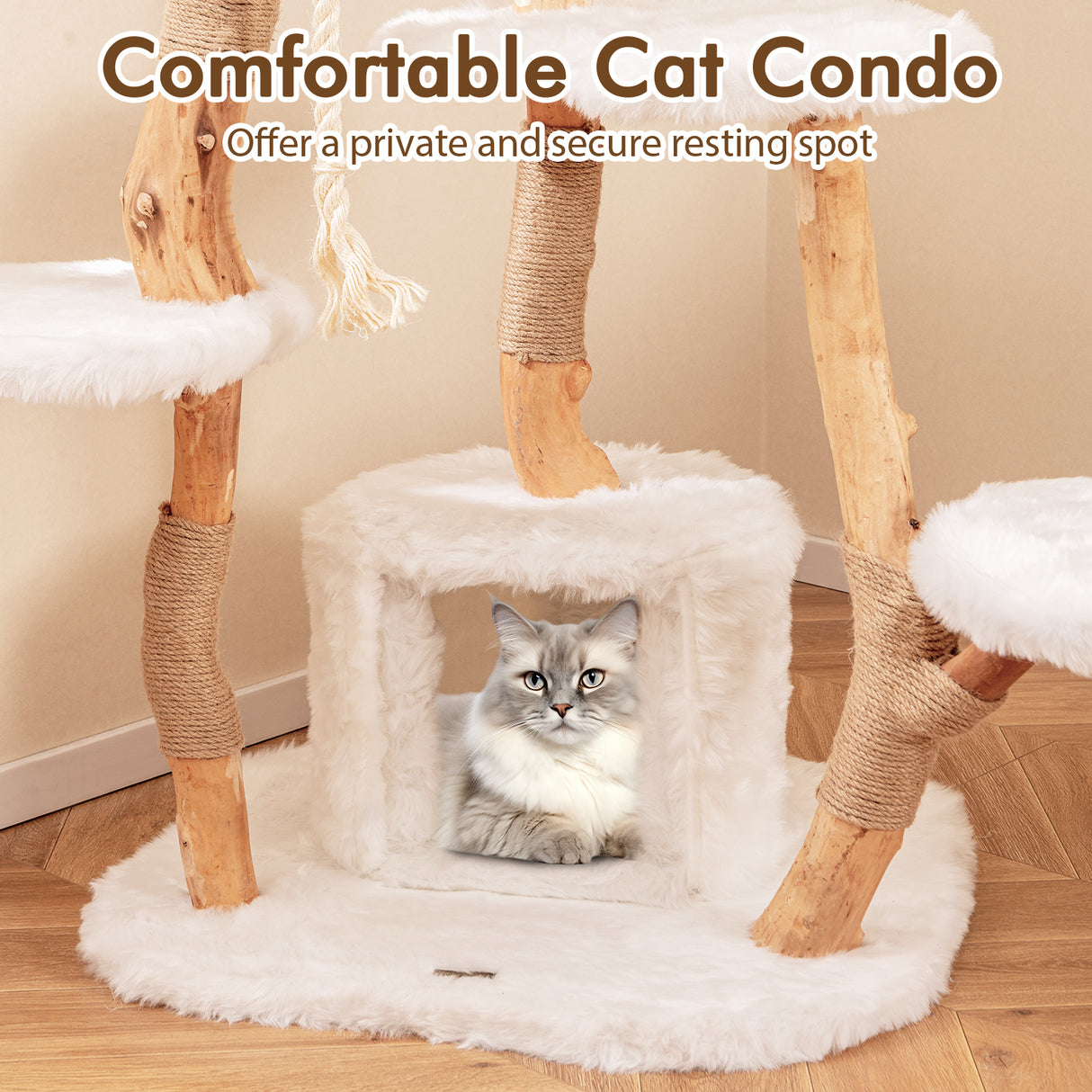 66 Inch Tall Solid Wood Cat Tree Modern Wooden Cat Tower with Perch-White