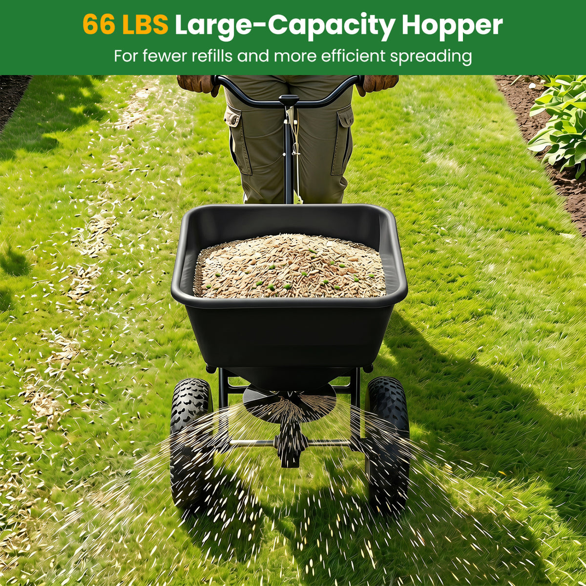 66 LBS Walk-Behind Broadcast Spreader with 13 Inch All-Terrain Tires-Black