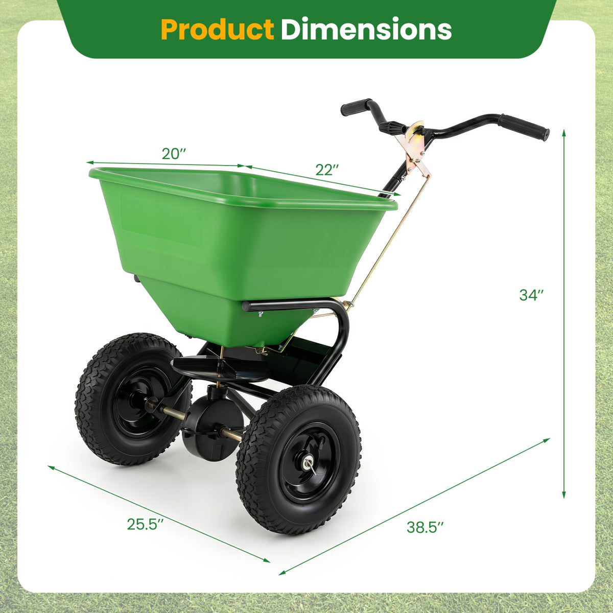 66 LBS Walk-Behind Broadcast Spreader with 13 Inch All-Terrain Tires-Green