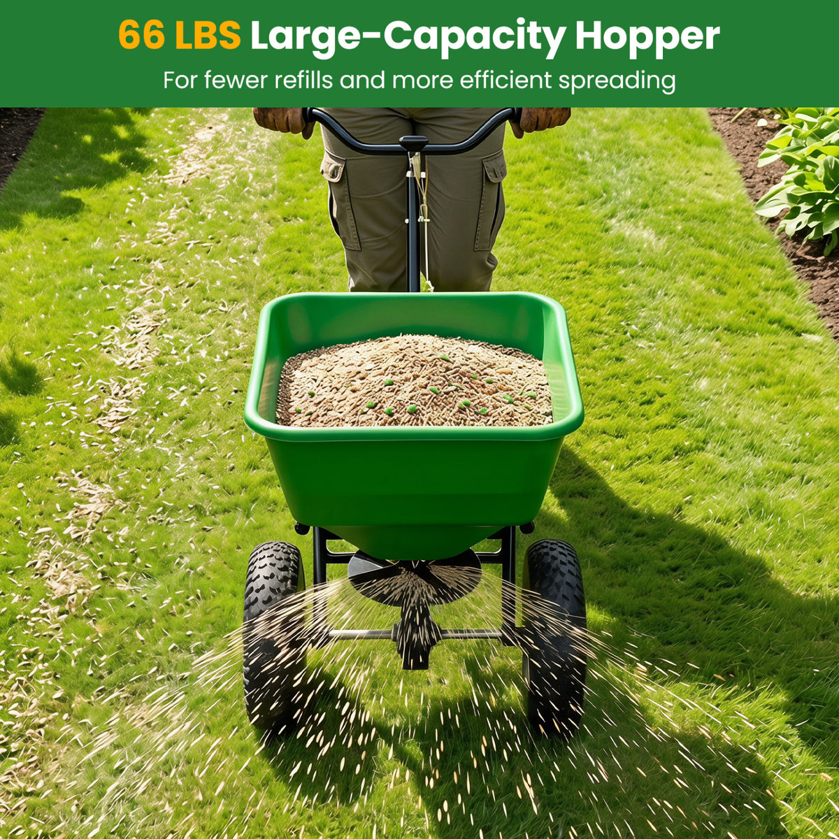 66 LBS Walk-Behind Broadcast Spreader with 13 Inch All-Terrain Tires-Green