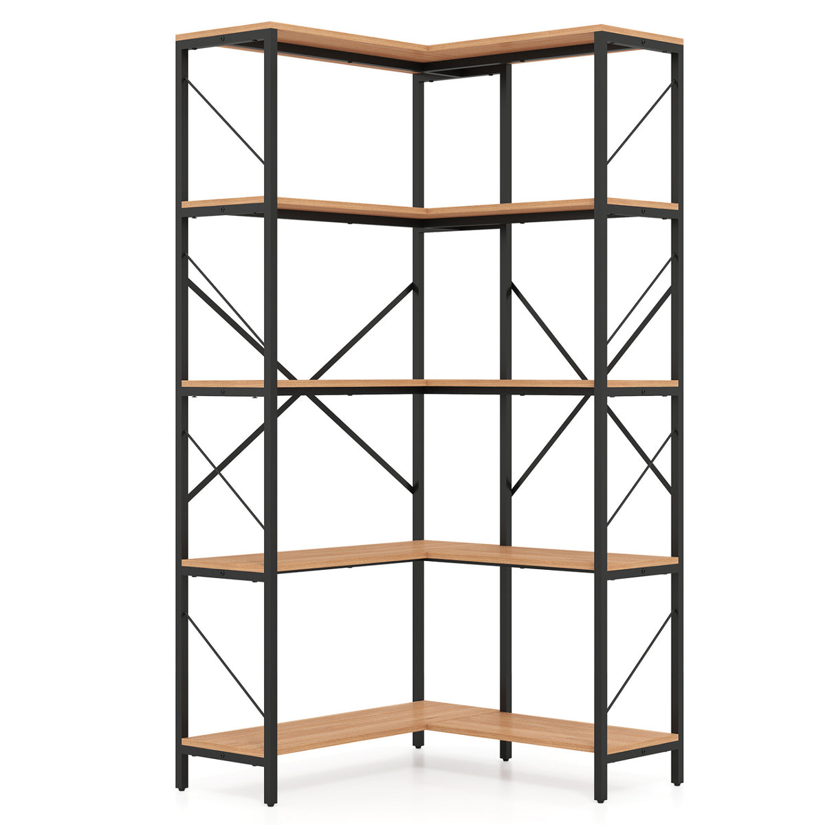 66" Tall 5-Tier L-Shaped Bookcase with Metal Frame for Living Room-Rustic Brown