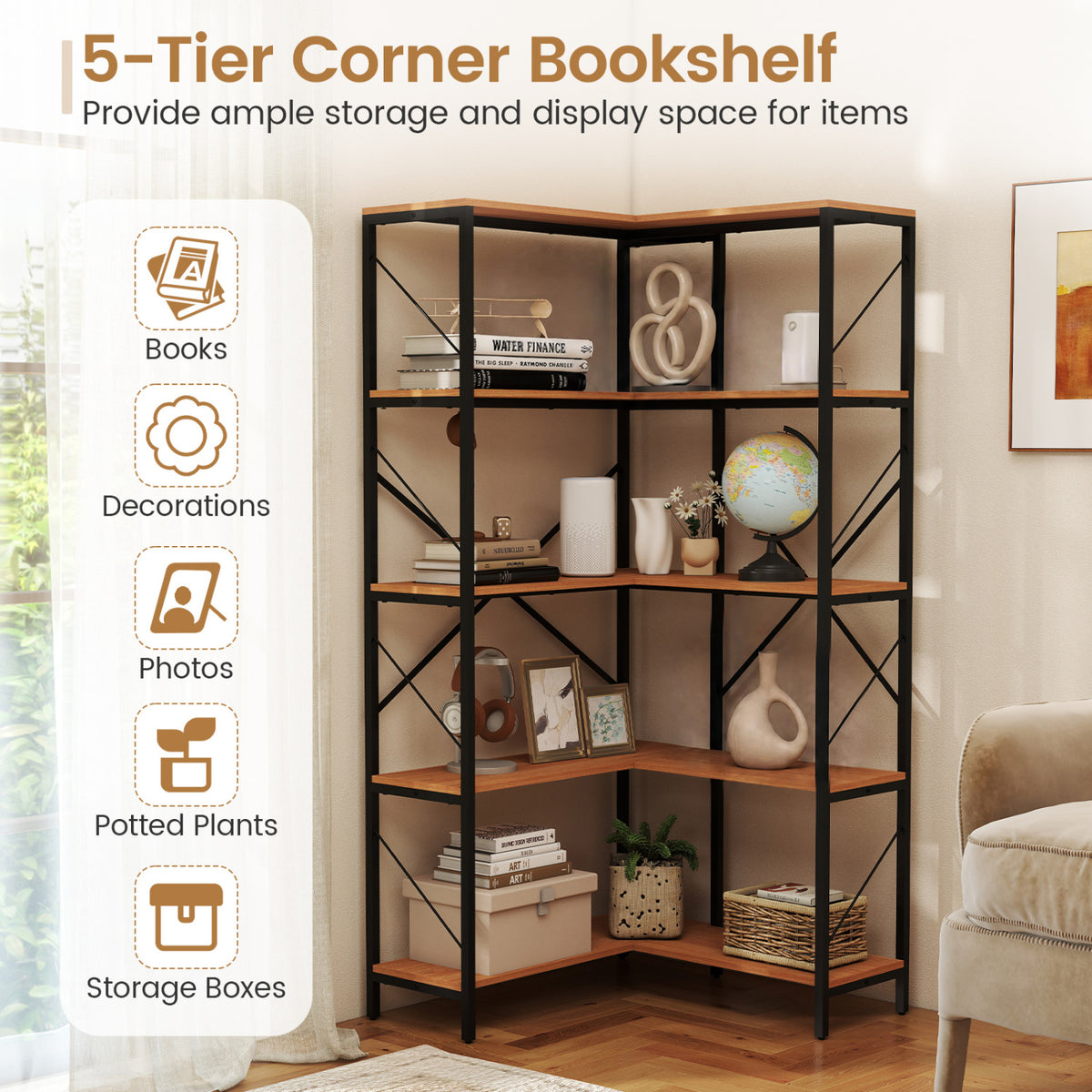 66" Tall 5-Tier L-Shaped Bookcase with Metal Frame for Living Room-Rustic Brown