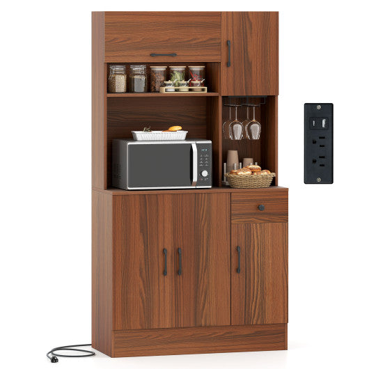 66 inch Pantry Cabinet with Charging Station and Microwave Stand-Brown