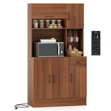 66 inch Pantry Cabinet with Charging Station and Microwave Stand-Brown