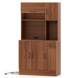 66 inch Pantry Cabinet with Charging Station and Microwave Stand-Brown