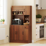 66 inch Pantry Cabinet with Charging Station and Microwave Stand-Brown