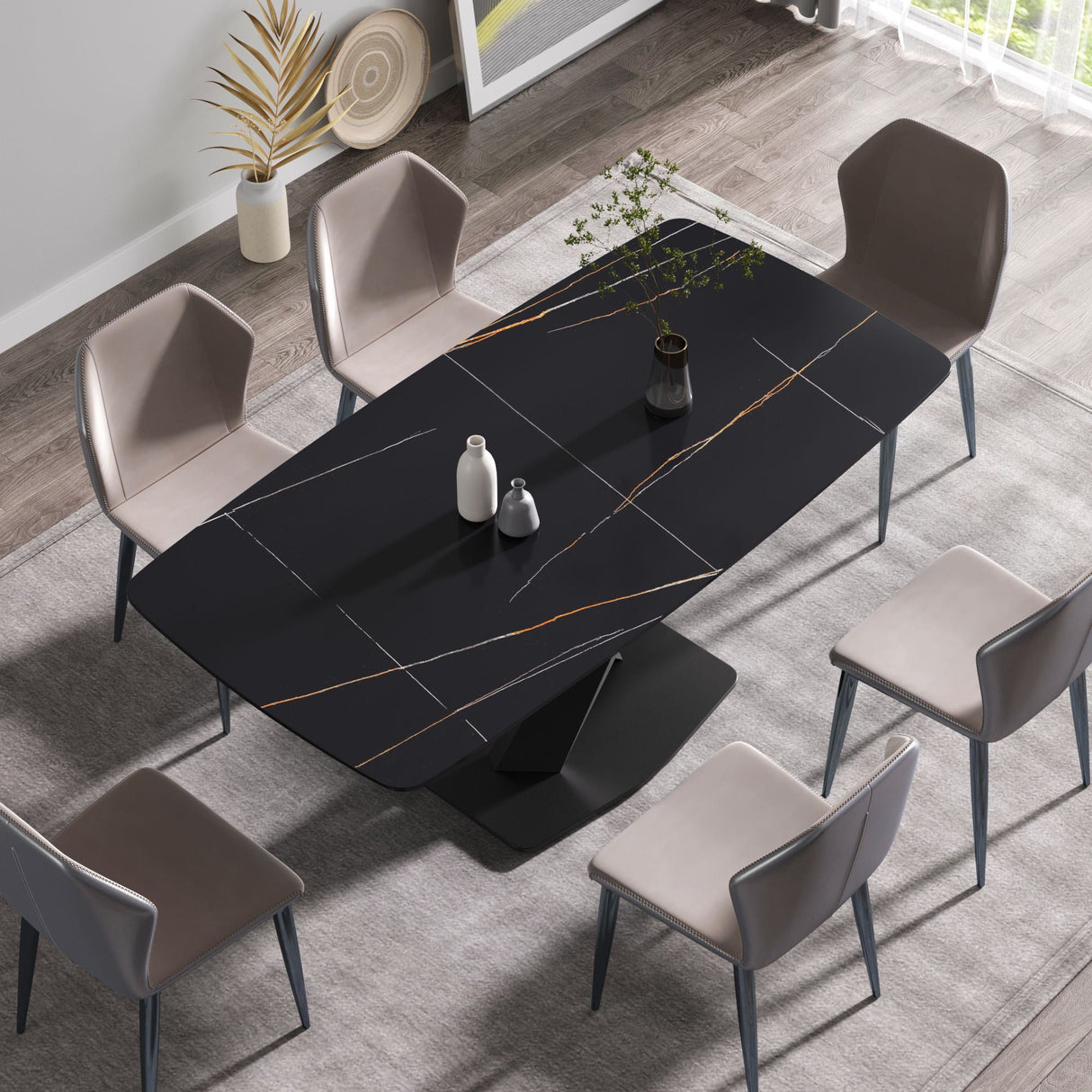 70.87" Modern Artificial Stone Black Curved Black Metal Leg Dining Table, Can Accommodate 6-8 People - Black by Couch.com