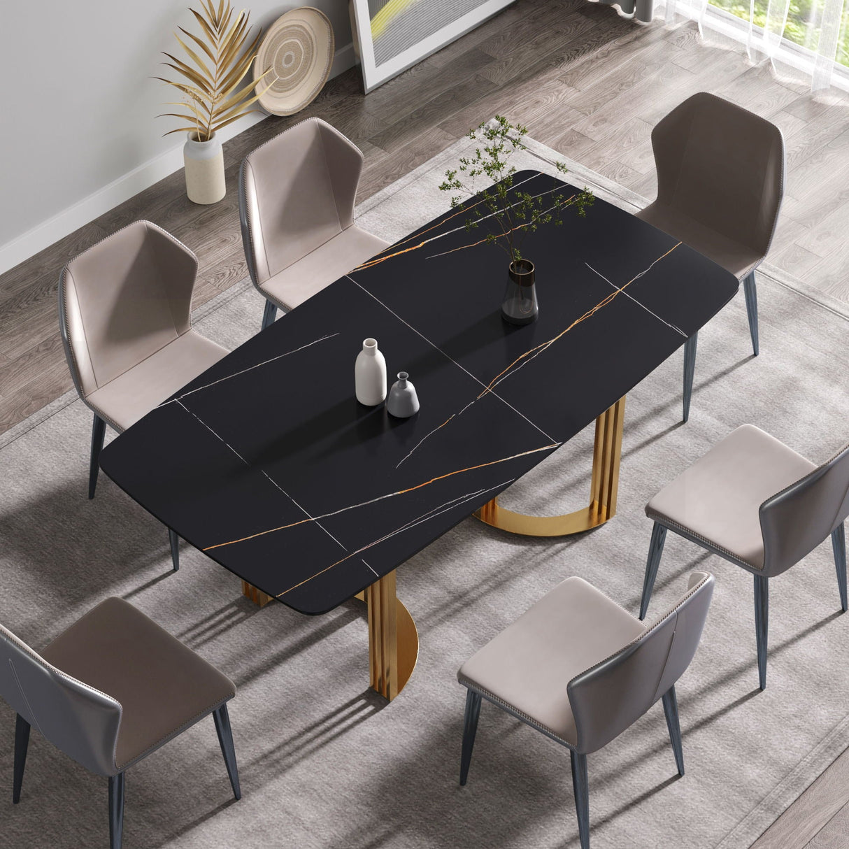 Couch.com 70.87" Modern Artificial Stone Black Curved Metal Leg Dining Table, Can Accommodate 6-8 People Black / Gold, Easy to Clean, Marble/Stone Construction, Black Finish by Couch.com