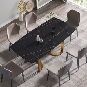 70.87" Modern Artificial Stone Black Curved Metal Leg Dining Table, Can Accommodate 6-8 People - Black / Gold by Couch.com