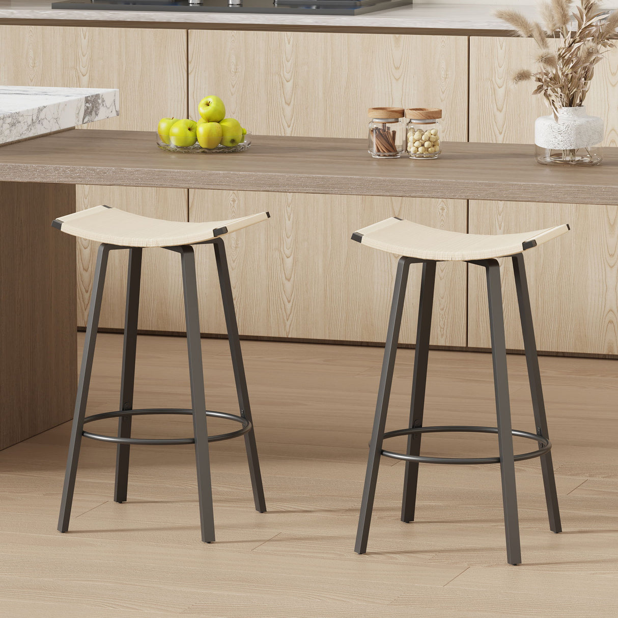 Counter Height Bar Stools Backless Handwoven Kitchen Dining Chairs With Round Footrest (Set of 2) Weaving Pub Stoo - Creamy White